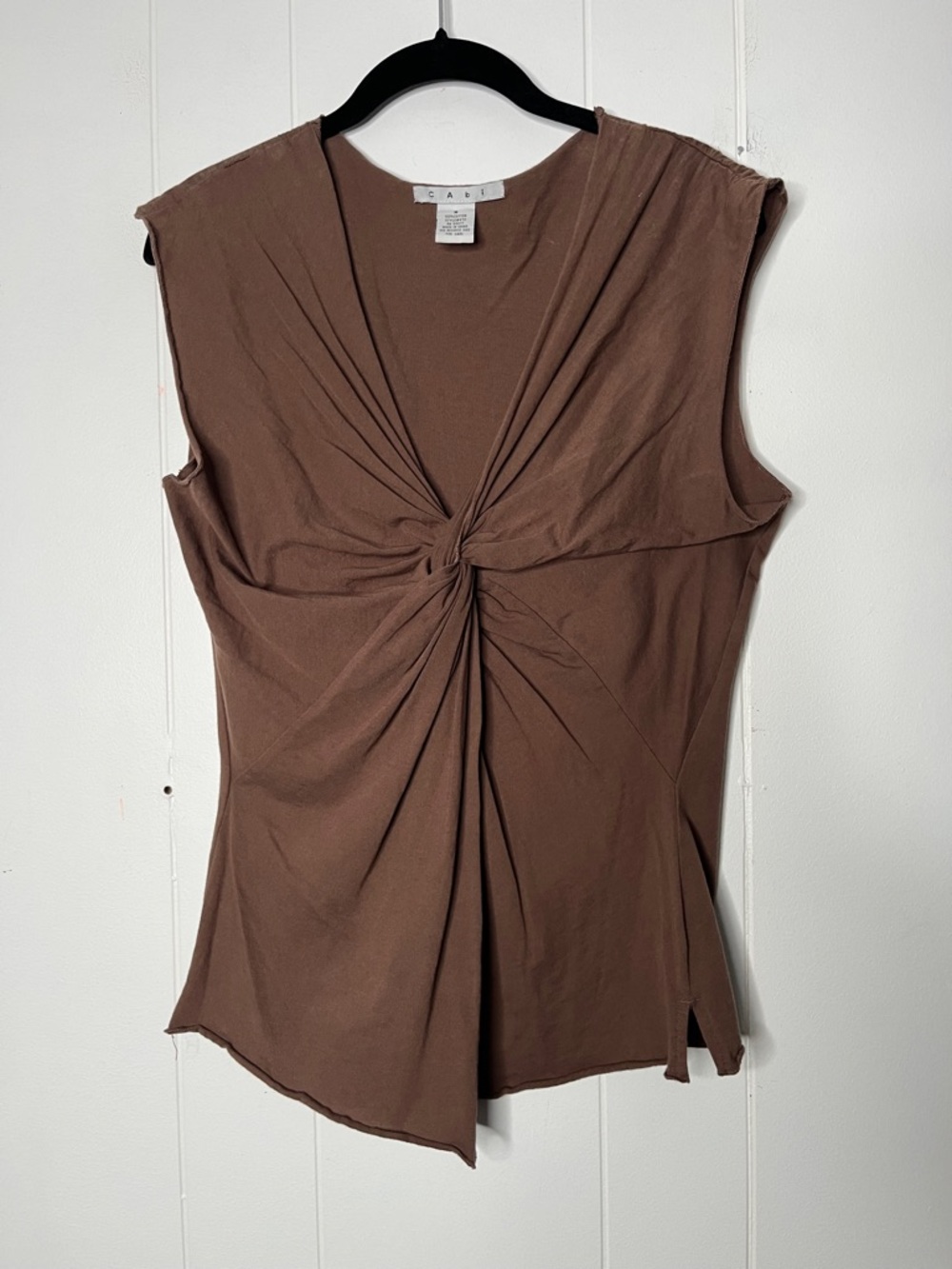 CAbi Jersey Knit Brown Twist-Front Sleeveless Top V-Neck Size M